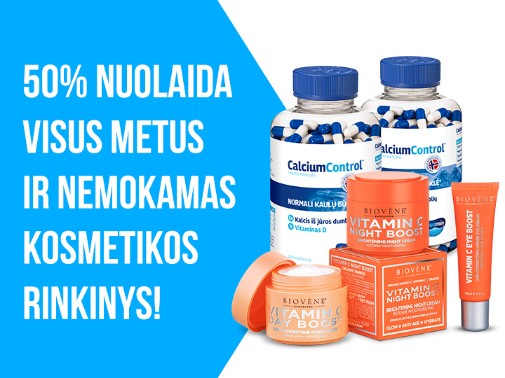 Natural Pharmaceuticals „CalciumControl™“ Nuotraukoje pateikta CalciumControl maisto papildo ir Biovène kosmetikos gaminių reklaminė akcija. Kairėje pusėje yra mėlynas fonas su baltu užrašu: „50 % NUOLAIDA VISUS METUS IR NEMOKAMAS KOSMETIKOS RINKINYS!”. Dešinėje pusėje matomos dvi „CalciumControl™“ papildų pakuotės ir keli Biovène produktai, kurių sudėtyje yra vitamino C, tarp jų: dieninis kremas, naktinis kremas ir kremas aplink akis.